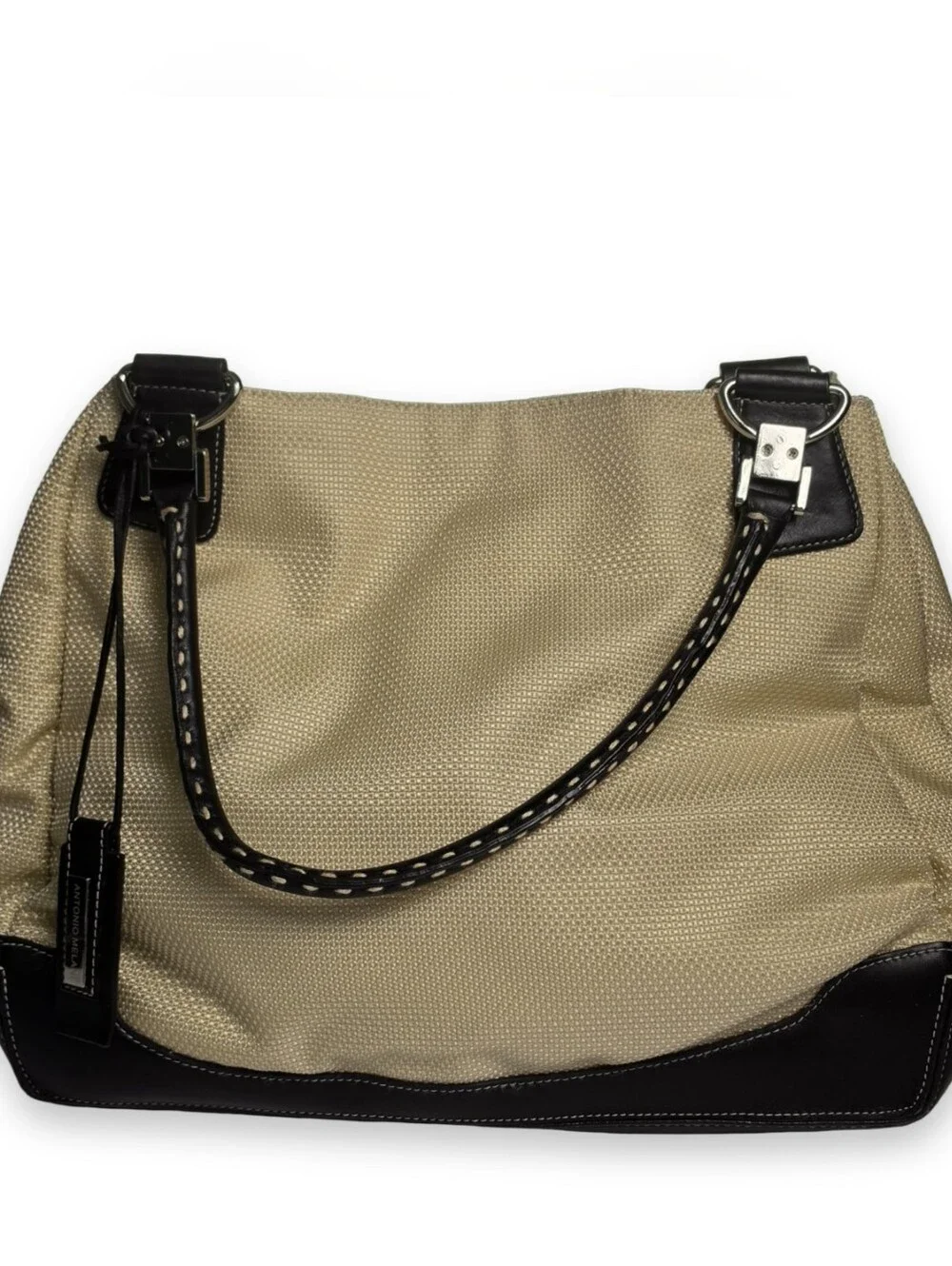 Antonio Melani Woven Canvas Tote Shoulder Bag Black Leather Trim Beige Large
